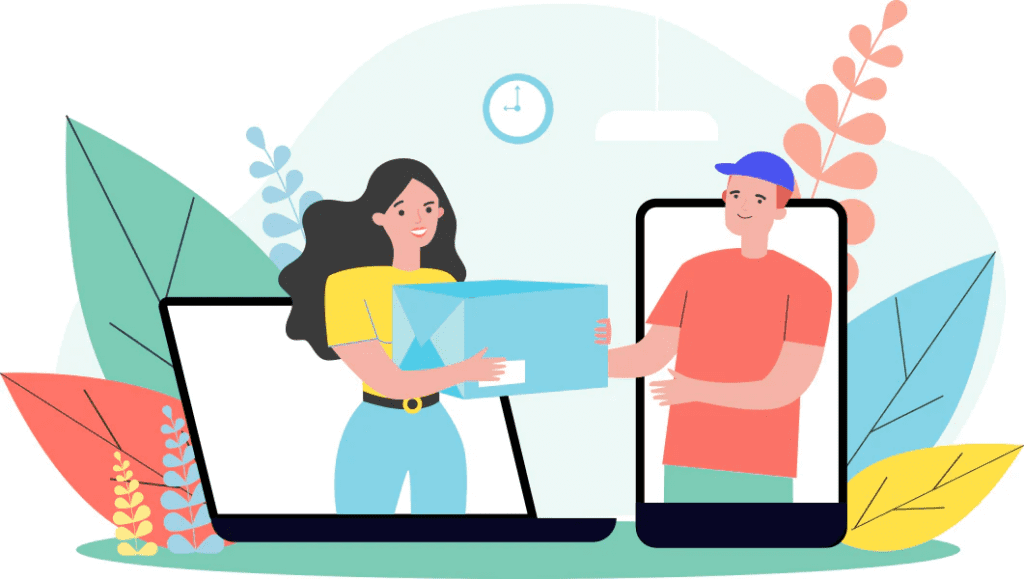 A woman and man exchanging a large credit card through laptop screens.