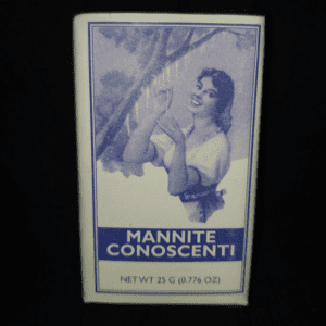 Vintage booklet titled 'Mannite Conoscenti' with blue illustration of a woman.
